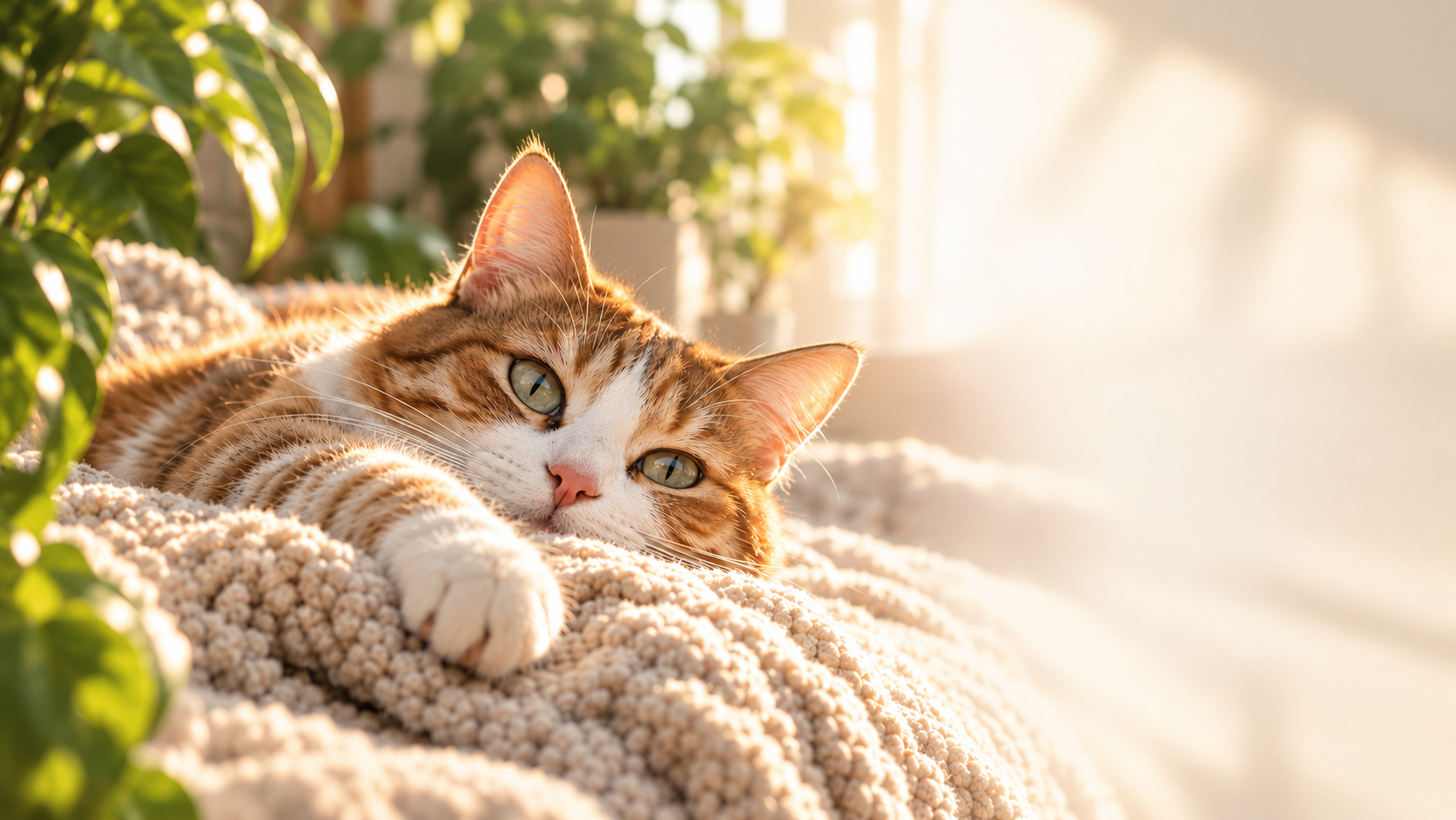 An orange and white cat resting on an ivory knitted blanket in warm morning sunlight